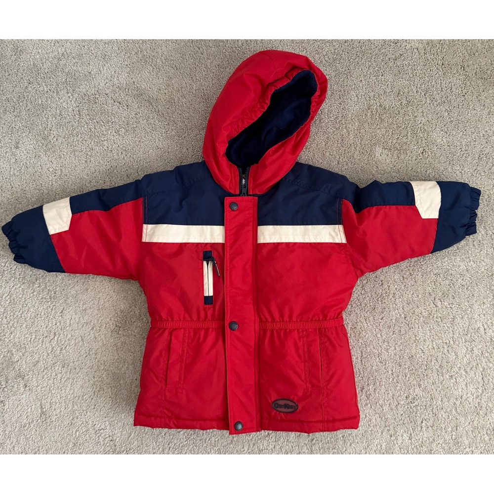 Vintage OshKosh Bgosh Kids 3T Red Navy Colorblock Hooded Puffer Winter Jacket